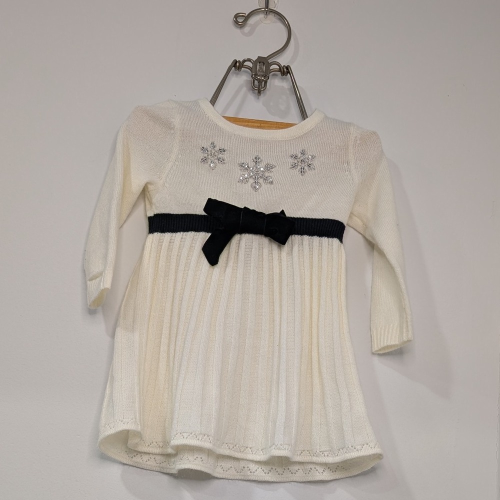 Sophie Rose Baby Girls White Snowflake Sweater Dress Black Bow Pleated‎ 6-9MO